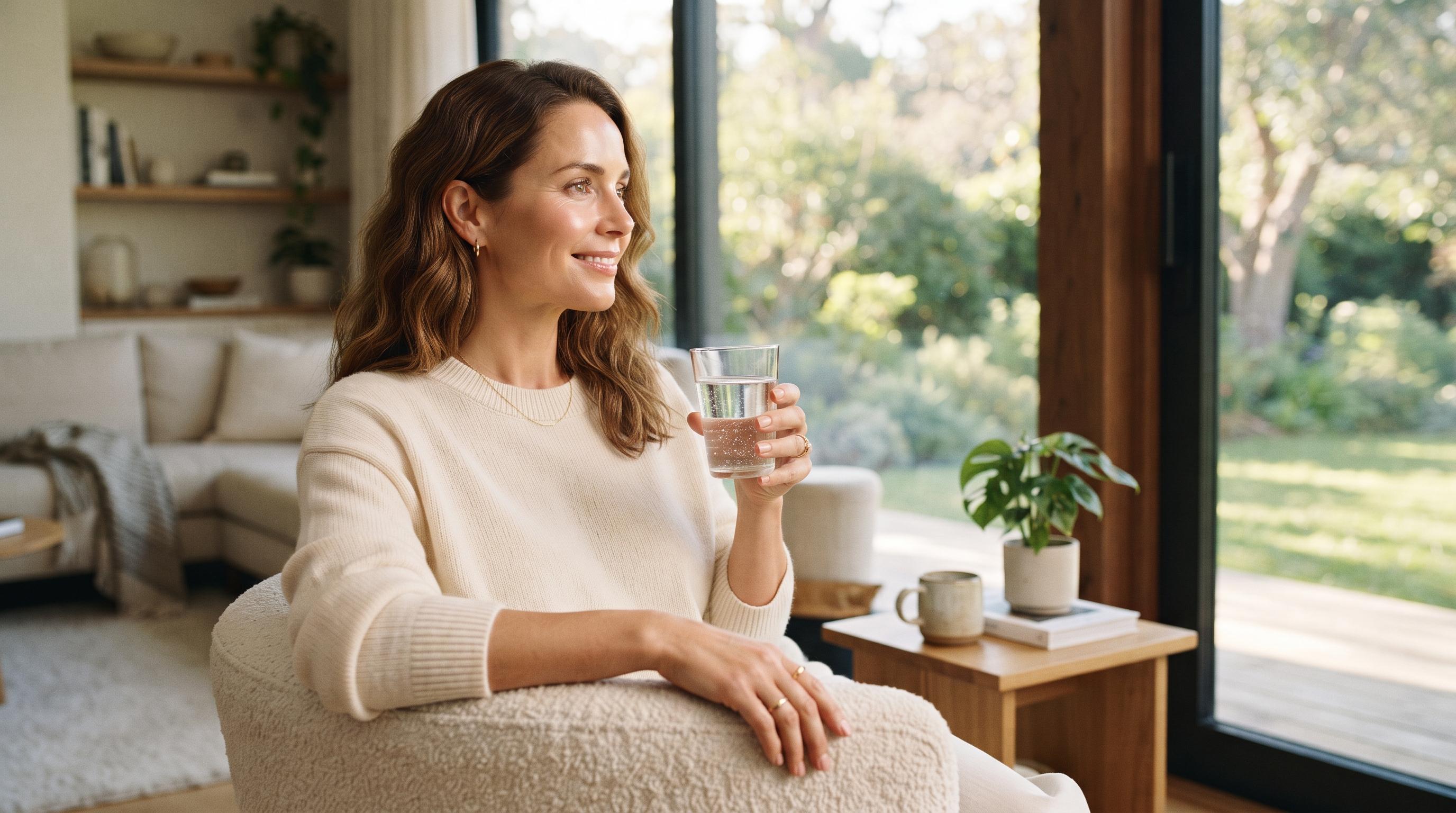 A woman relaxing at home with a glass of water