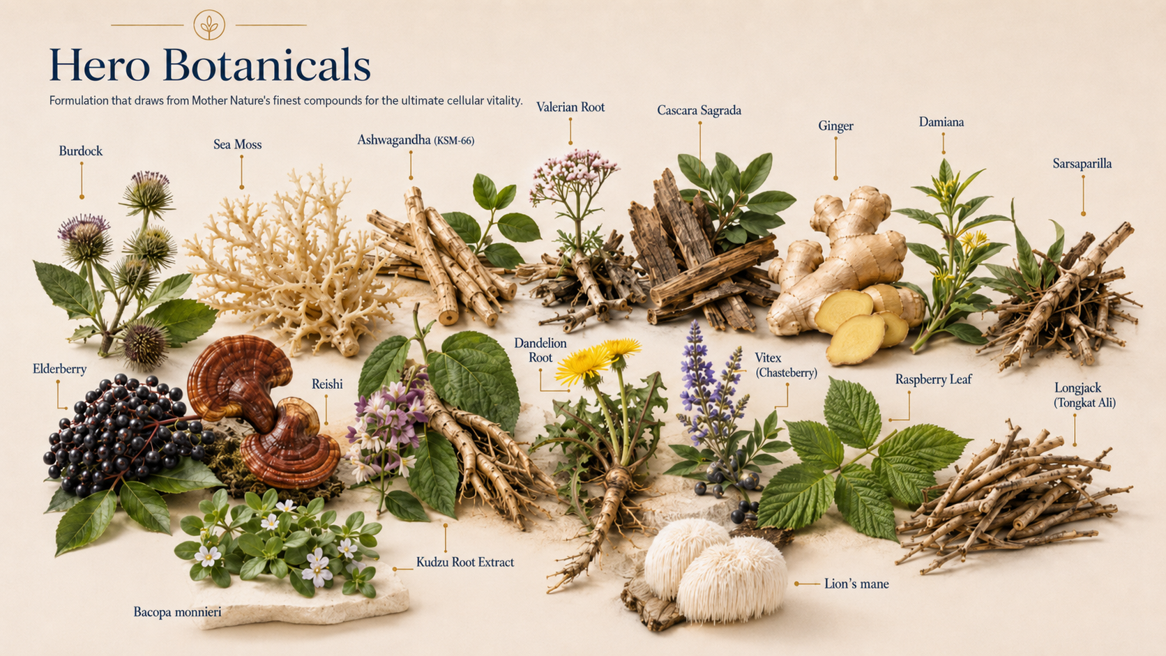 Hero Botanicals — labeled photography of key ingredients used across Supplement :: LIFE Tracks, including Burdock, Sea Moss, Ashwagandha, Elderberry, Reishi, Bacopa monnieri, Dandelion Root, Vitex, Ginger, Damiana, Raspberry Leaf, Sarsaparilla, Kudzu Root Extract, Lion's Mane, Valerian Root, Cascara Sagrada, and Longjack