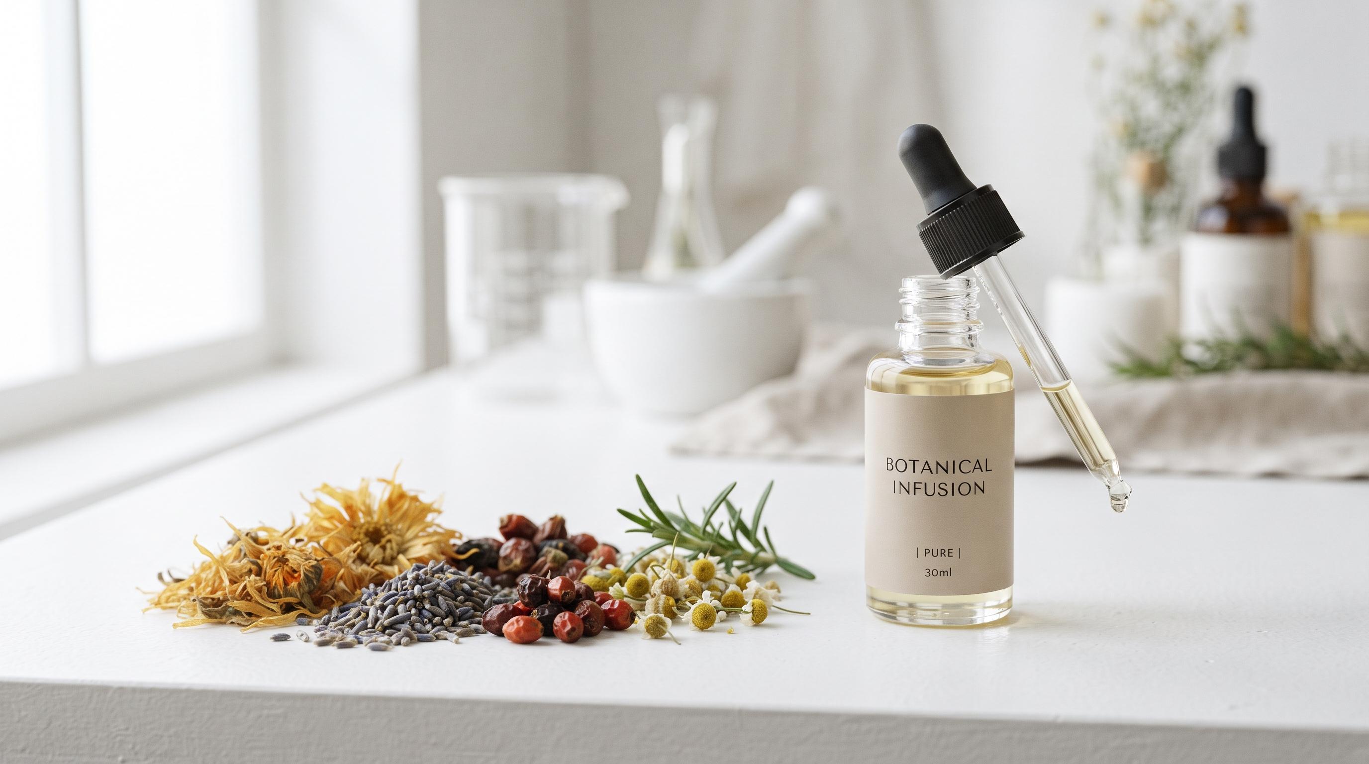 A botanical infusion bottle beside dried marigold, lavender, rose hips, and chamomile
