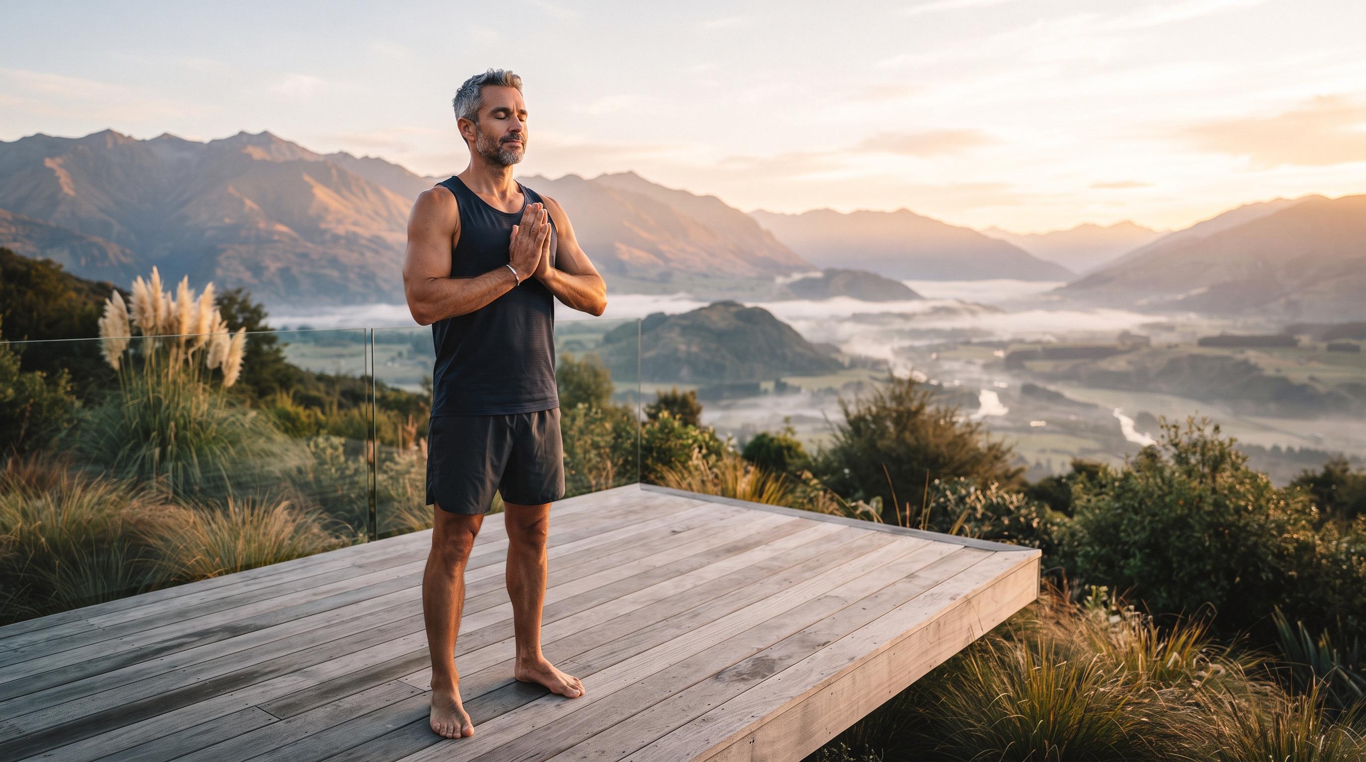 A man in his 40s in a quiet morning stretch, overlooking a misty mountain valley at sunrise